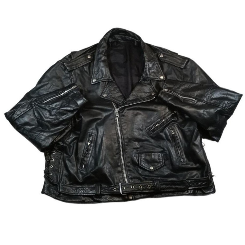 Vintage‎ Men's Black Genuine Leather Motorcycle Jacket Belted MADE IN USA